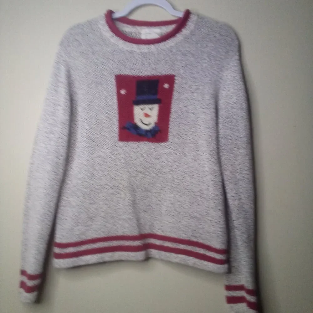 Christopher Banks Sweater S Christmas Holiday Snowman Long Sleeve Hand Embroider